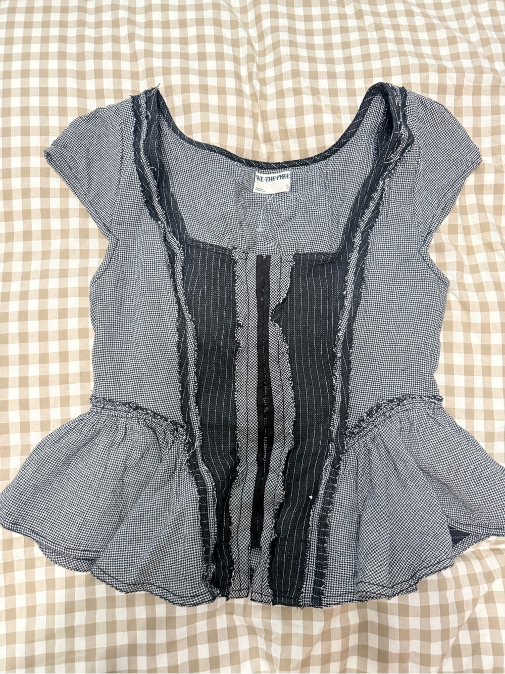 We The Free Black & White Peplum Cap Sleeve Top